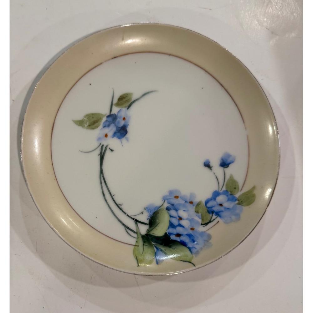 Vintage Nippon Hand Painted Blue Floral Porcelain Plate Green Crown 6.25 Inch
